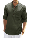Men's Hot Sale Long Sleeve Pocket Solid Color Linen Shirt S-2XL