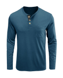 Mens Long Sleeve Button Neck Pocket Solid Color Basic Autumn T-shirt S-2XL