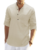 Men's Hot Sale Long Sleeve Pocket Solid Color Linen Shirt S-2XL
