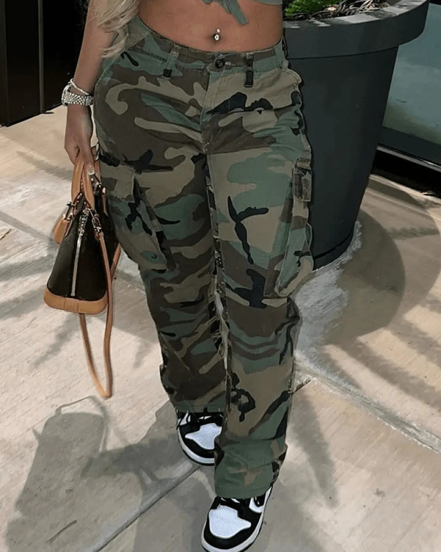Women High Waist Camo Fashion Street Style Pants Green Camo Khaki XS-XL