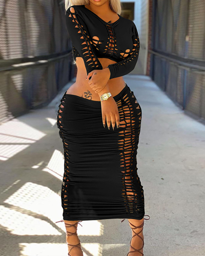 Fashionable Women Hollow Out Two Piece Skirt Set