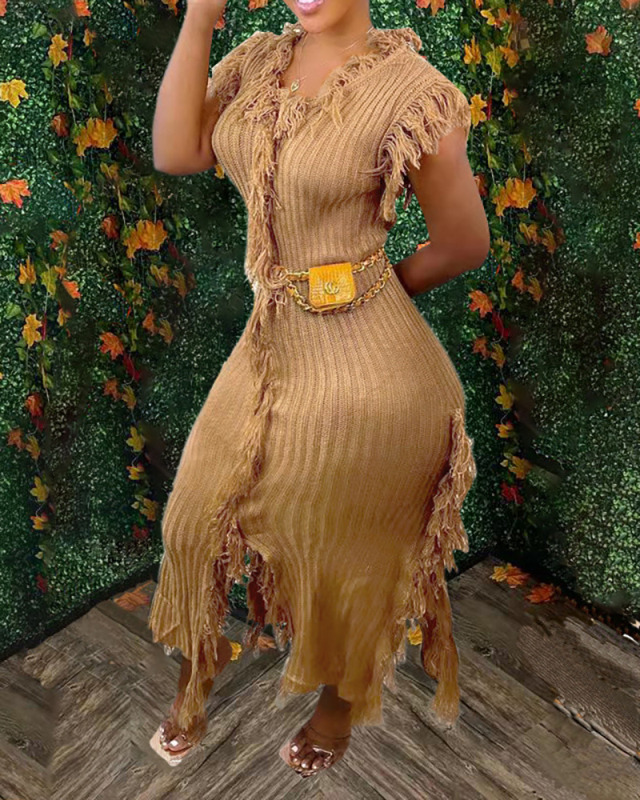 Wholesale Knitted Dress Tassle Sleeveless Women Sweater Dress