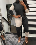 Women Colorblock Long Sleeve Casual Fashion Sweater Pants Sets Two Pieces Outfit Black Coffee Wine Red S-2XL