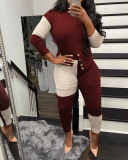 Women Colorblock Long Sleeve Casual Fashion Sweater Pants Sets Two Pieces Outfit Black Coffee Wine Red S-2XL