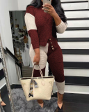 Women Colorblock Long Sleeve Casual Fashion Sweater Pants Sets Two Pieces Outfit Black Coffee Wine Red S-2XL