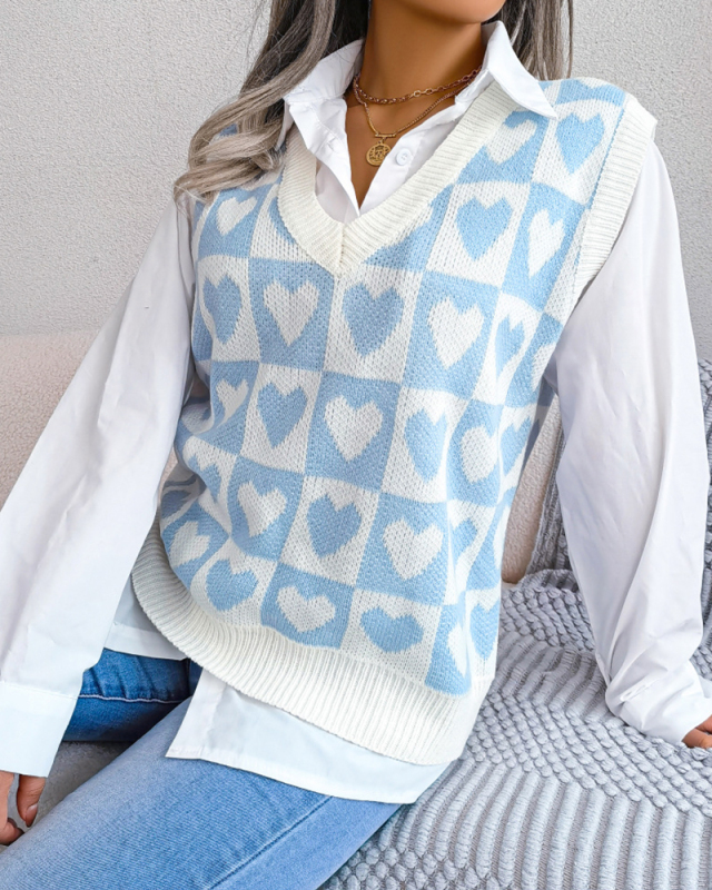 Women Sleeveless Heart Shape Knit Vest Red Pink Blue S-L