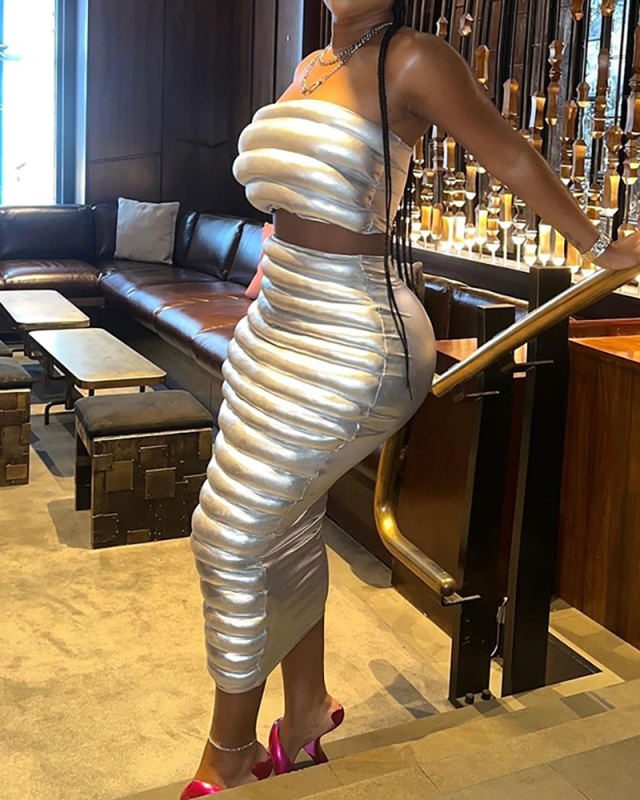 Hot Sale Silver Show Waist Bubble Maxi Skirt Sets Two Pieces Outfit S-L