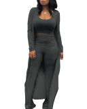 Women Solid Color Knit Long Coat Short Vest Slim Pants Set Plus Size Three Pieces Outfit Multicolor Supply L-4XL