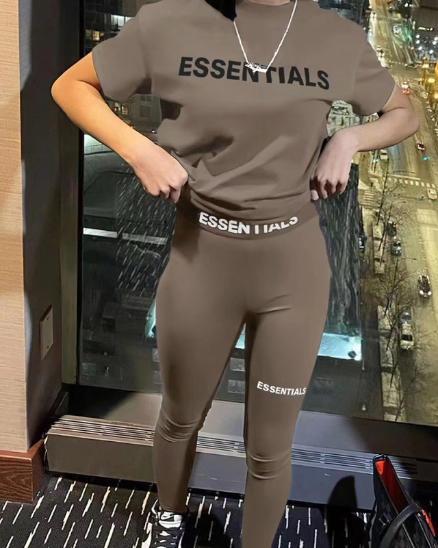 Letter Printed Short Sleeve T Shirt  Causal Two Piece Pant Set