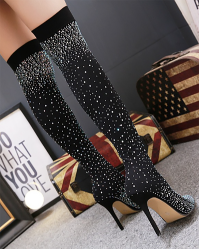 Black Diamante Socks Knee High Boots