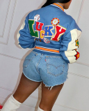 Winter Long Sleeve Printed Colorblock Baskball Coats Pink Blue Brown Light Blue Black S-2XL