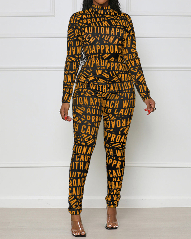 Women High Neck Long Sleeve Printed Slim Fashion Jumpsuits Orange Yellow White S-XL