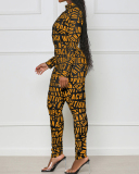 Women High Neck Long Sleeve Printed Slim Fashion Jumpsuits Orange Yellow White S-XL