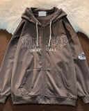 Hot Sale Retro Letter Embroidery Hoodie Long Sleeve Loose Cardigans Black Coffee Beige S-2XL