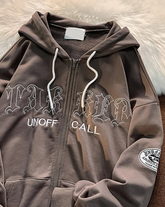 Hot Sale Retro Letter Embroidery Hoodie Long Sleeve Loose Cardigans Black Coffee Beige S-2XL