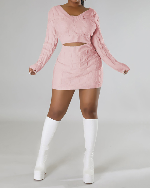 Women V-neck Solid Color Long Sleeve Hollow Out Sweater Dresses White Pink Light Blue Apricot S-XL