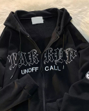 Hot Sale Retro Letter Embroidery Hoodie Long Sleeve Loose Cardigans Black Coffee Beige S-2XL