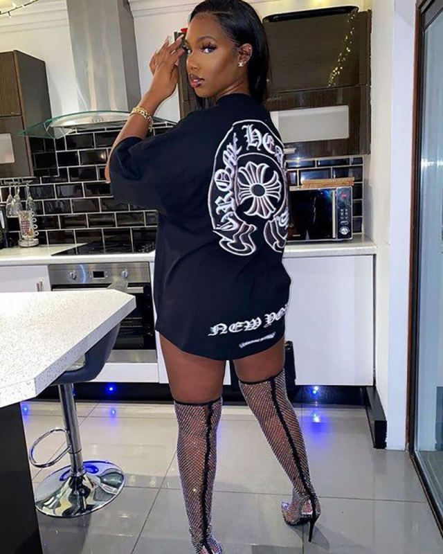 Black Printed Short Sleeve Casual T-Shirt