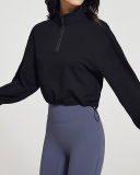 Women Solid Color Zipper Neck Pullover Long Sleeve Sweatshirt Sports Top S-L