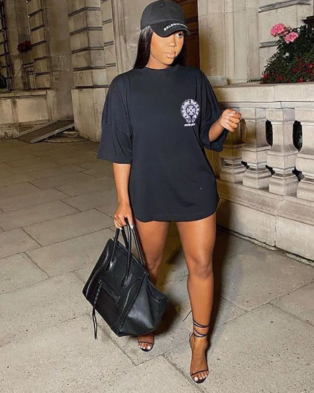 Black Printed Short Sleeve Casual T-Shirt