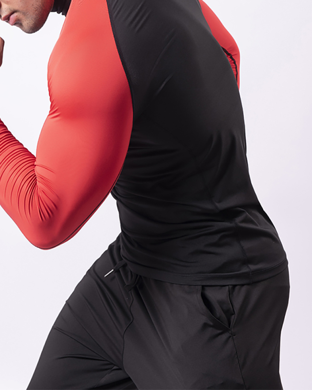 Men's High Elastic Quick Dry Long Sleeve Stand Collar Running Top Black Red White Flourescent Green XS-2XL