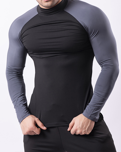 Men's High Elastic Quick Dry Long Sleeve Stand Collar Running Top Black Red White Flourescent Green XS-2XL