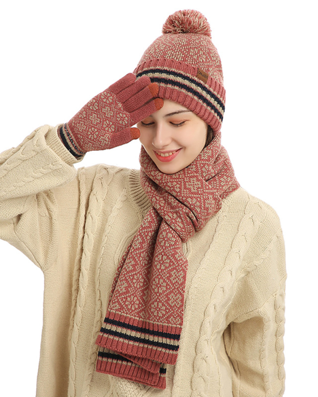 Winter Knitted Scarf Warm Wool Hat Scarf Gloves Three Pieces Warm Sets