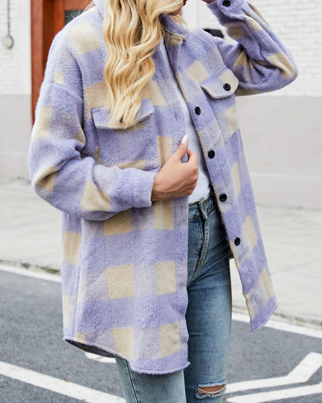 Hot Sale Sanding Women Turndown Callor Long Sleeve Grid Shacket Green Purple Pink S-XL