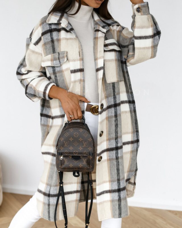 Women Lapel Long Brown Plaid Shacket Brown Black Gray Yellow S-XL