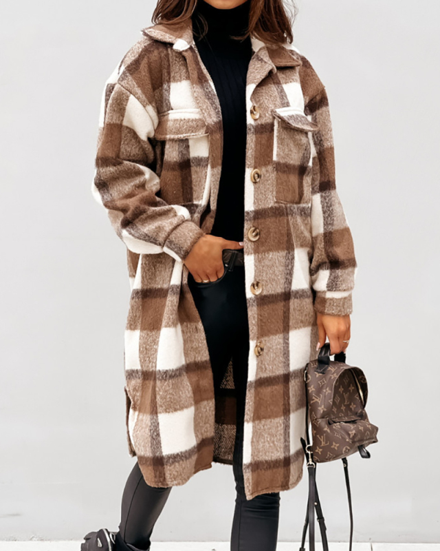 Women Lapel Long Brown Plaid Shacket Brown Black Gray Yellow S-XL