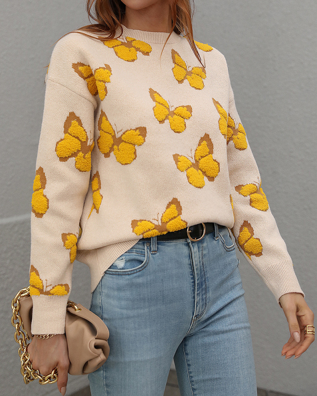 Butterfly Crew Neck Long Sleeve Fall & Winter Sweater Purple Gray Green Blue Apricot S-XL