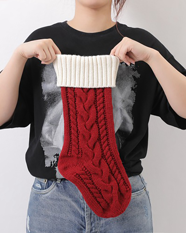 Knit Christmas Decoration Colorblock Solid Color Big Gift Socking Red Gray Ivory Green