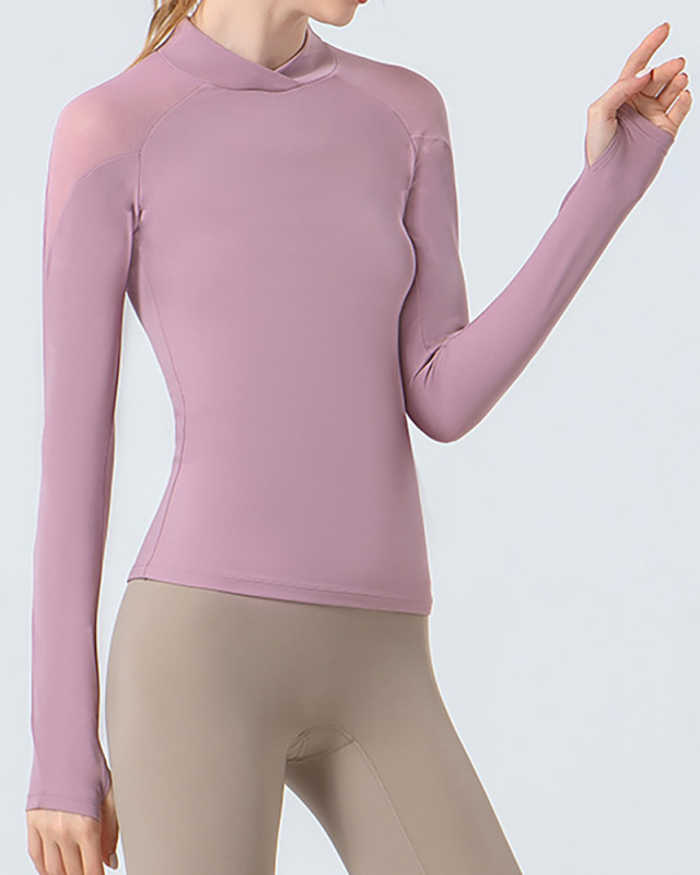 New Sheer Shoulder Long Sleeve Tight Slim Solid Color Fitness Top Blue Pink Red Yellow Black S-2XL
