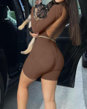 Women Sexy Backless Solid Color Long Sleeve Square Neck Sports Rompers Khaki Blue Green Brown Blue Black S-2XL