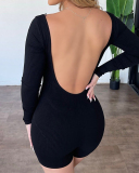 Women Sexy Backless Solid Color Long Sleeve Square Neck Sports Rompers Khaki Blue Green Brown Blue Black S-2XL