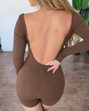 Women Sexy Backless Solid Color Long Sleeve Square Neck Sports Rompers Khaki Blue Green Brown Blue Black S-2XL