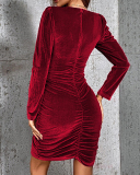 Women Long Sleeve V Neck Velvet Elegant Christmas Dresses Wine Red Black Army Green S-XL
