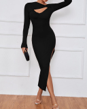 Elegant Hot Sale Slim Hollow Out High Slit Solid Color Evening Dress Red Black S-XL Holidays Outfits
