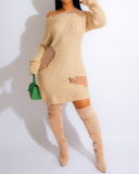 Women Hot Sale Solid Color Long Sleeve Hollow Out Mini Sweater Dress White Black Khaki S-XL