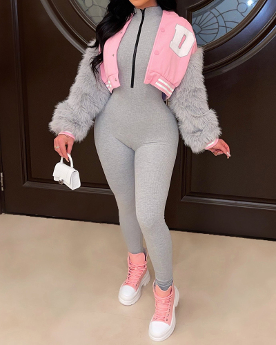 Fashion Long Sleeve Colorblock D Puff Sleeve Casual Baseball Jacket S-2XL