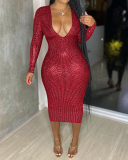 Women Fashion Deep V-neck Long Sleeve Shining Bodycon Dresses Red Silver Gold S-XL