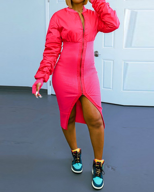 Fashion Zipper Long Sleeve Patchwork Slim Women Club Dress Green Rosy S-XL