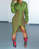Fashion Zipper Long Sleeve Patchwork Slim Women Club Dress Green Rosy S-XL