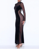Women Long Sleeve Patchwork Sexy Mesh Crew Collar Backless Elegant Evening Dress Black Green S-L