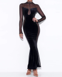Women Long Sleeve Patchwork Sexy Mesh Crew Collar Backless Elegant Evening Dress Black Green S-L