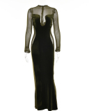 Women Long Sleeve Patchwork Sexy Mesh Crew Collar Backless Elegant Evening Dress Black Green S-L