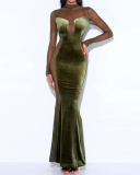 Women Long Sleeve Patchwork Sexy Mesh Crew Collar Backless Elegant Evening Dress Black Green S-L