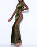 Women Long Sleeve Patchwork Sexy Mesh Crew Collar Backless Elegant Evening Dress Black Green S-L