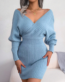 Women Solid Color Long Sleeve V Neck Bodycon Elegant Sweater Dresses Blue Green Black White Purple S-L