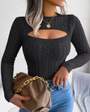Women Long Sleeve Solid Color Hollow Out Sweater Purple Khaki Pink Rosy Green Black S-L